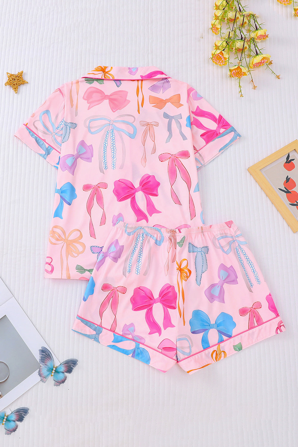 Wholesale Pink White Bow Print Half Sleeve Shirt and Shorts PajamasSet WL007