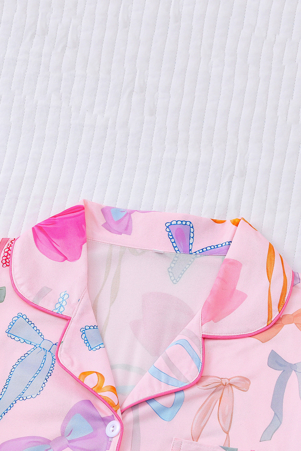 Wholesale Pink White Bow Print Half Sleeve Shirt and Shorts PajamasSet WL007