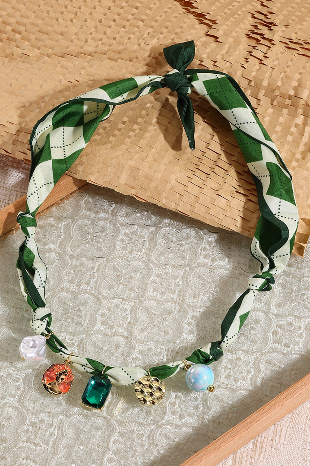 Wholesale green stone leopard pink bow silk scarf necklace SP008