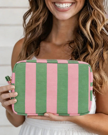Pink Green Striped Cosmetic Bag Travel Boutique Gift SP274
