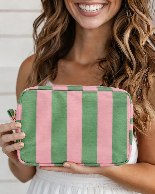 Pink Green Striped Cosmetic Bag Travel Boutique Gift SP274