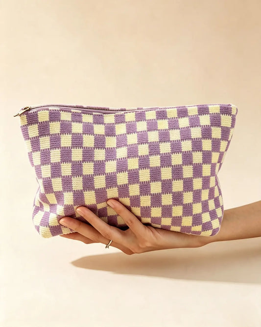 Purple Checkered Knit Makeup Bag Daily Boho Gift SP298