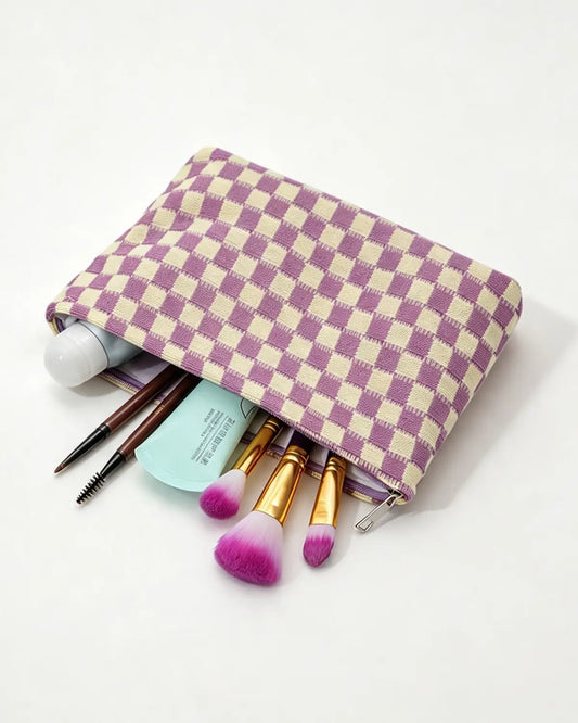 Purple Checkered Knit Makeup Bag Daily Boho Gift SP298