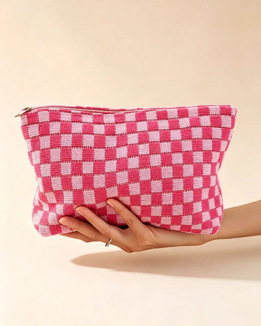 Rose Pink Checkered Knit Makeup Bag Travel Boutique Gift SP293