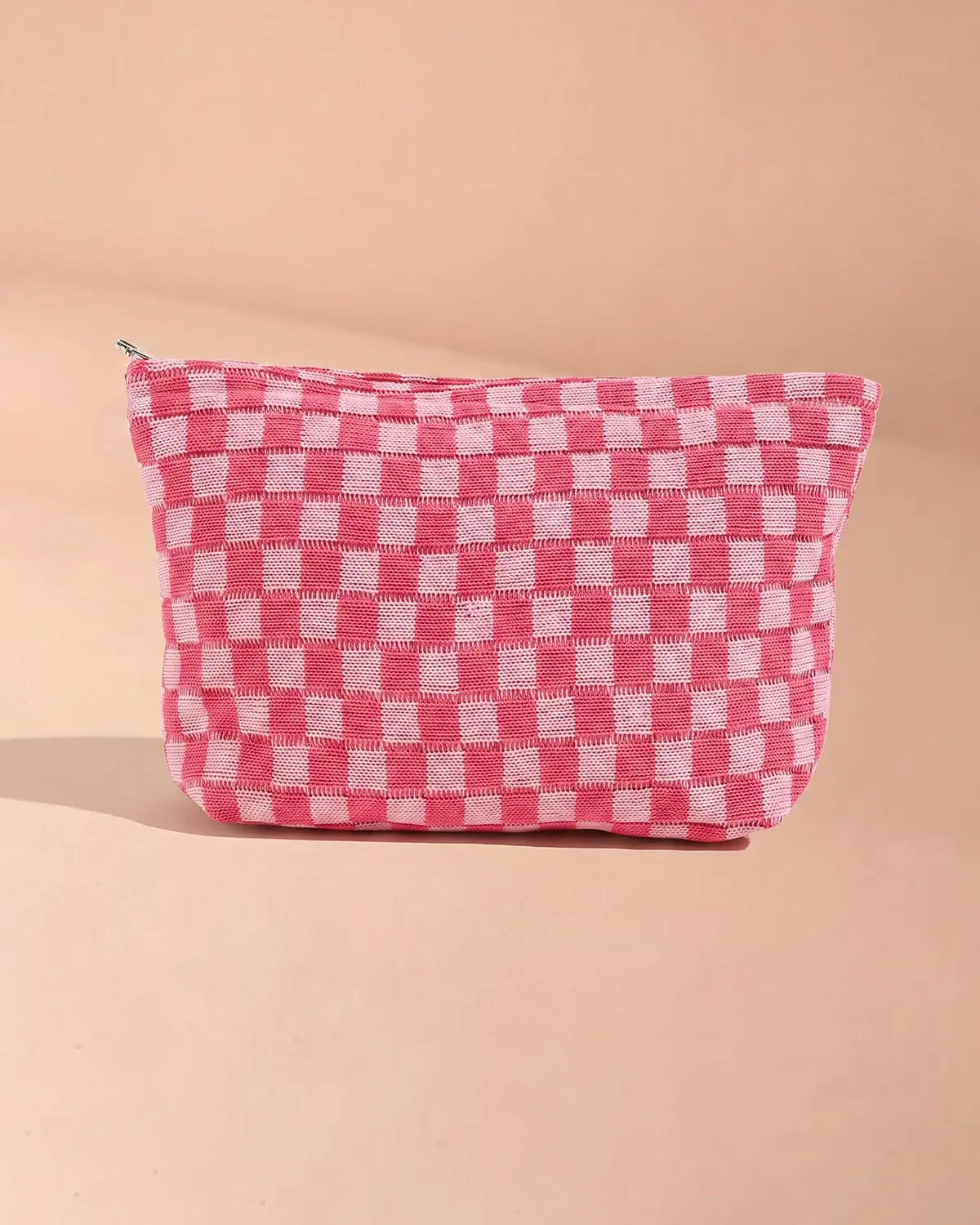 Rose Pink Checkered Knit Makeup Bag Travel Boutique Gift SP293