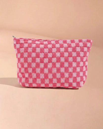Rose Pink Checkered Knit Makeup Bag Travel Boutique Gift SP293