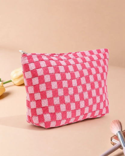 Rose Pink Checkered Knit Makeup Bag Travel Boutique Gift SP293