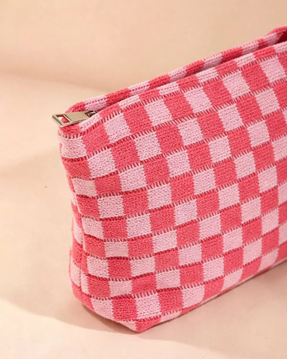 Rose Pink Checkered Knit Makeup Bag Travel Boutique Gift SP293