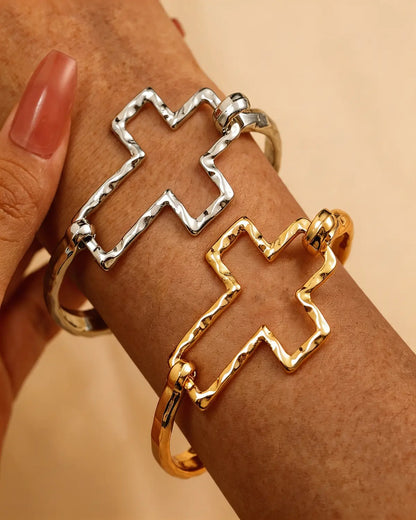 Silver Cross Hammered Bangle Daily Statement Jewelry Gift SP283