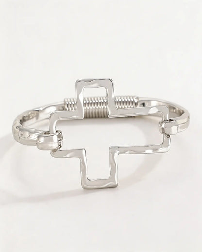 Silver Cross Hammered Bangle Daily Statement Jewelry Gift SP283