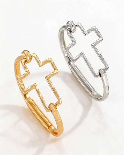 Silver Cross Hammered Bangle Daily Statement Jewelry Gift SP283