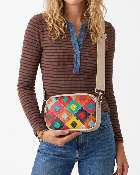 Beige Leather Patchwork Crossbody Daily Boho Bag Gift SP289