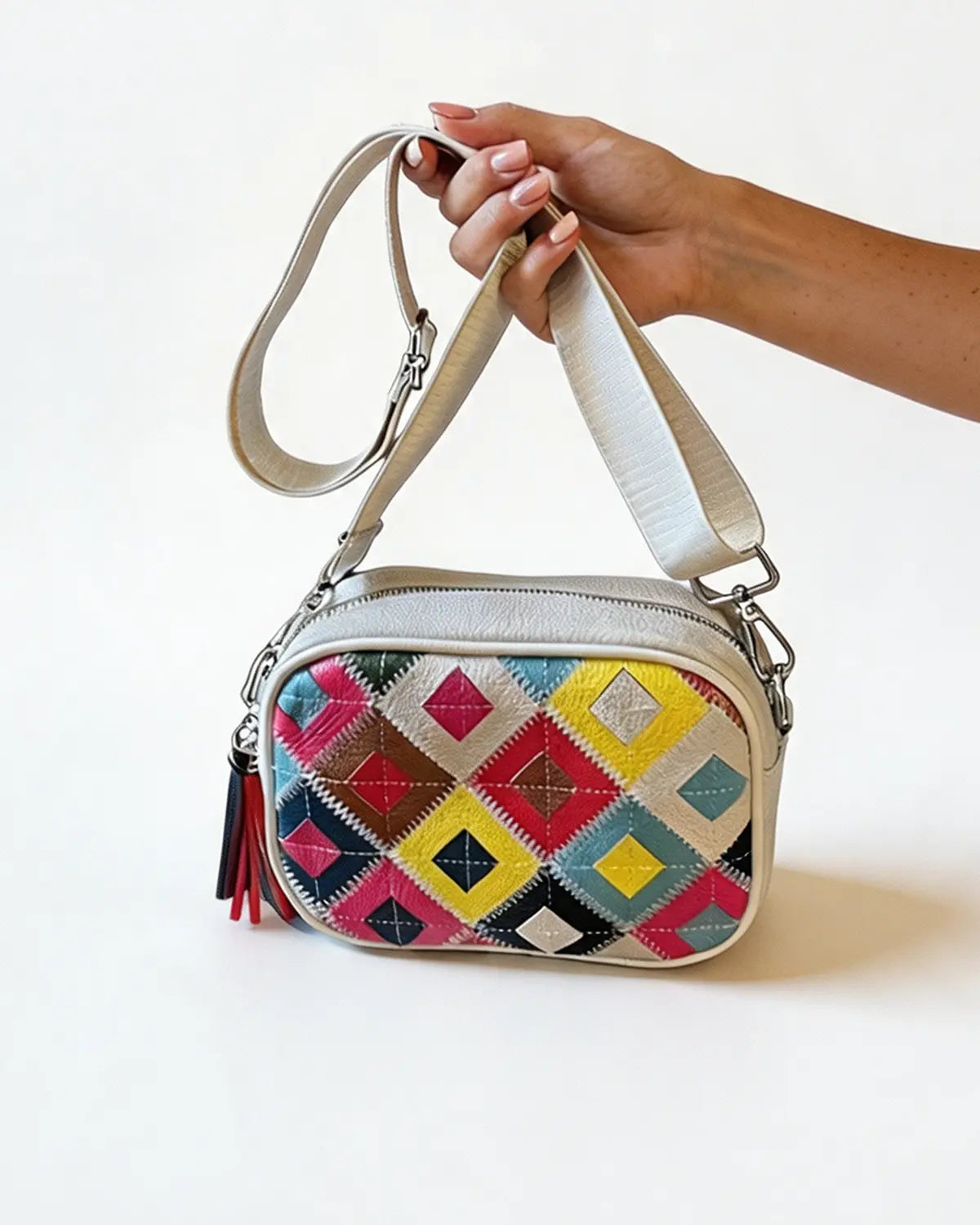 Beige Leather Patchwork Crossbody Daily Boho Bag Gift SP289