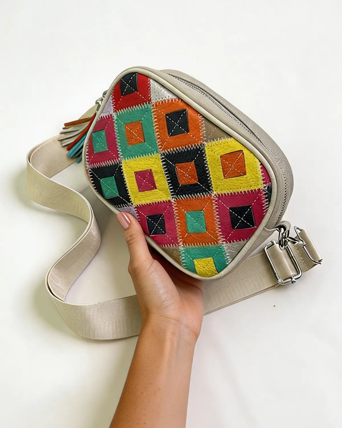 Beige Leather Patchwork Crossbody Daily Boho Bag Gift SP289