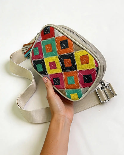 Beige Leather Patchwork Crossbody Daily Boho Bag Gift SP289