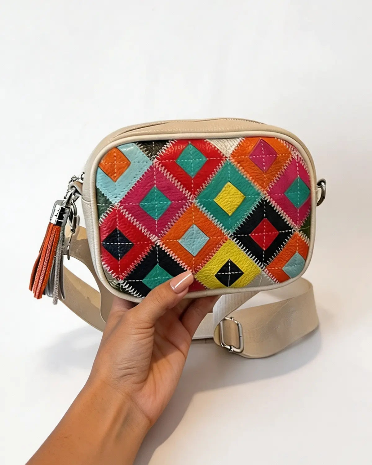 Beige Leather Patchwork Crossbody Daily Boho Bag Gift SP289