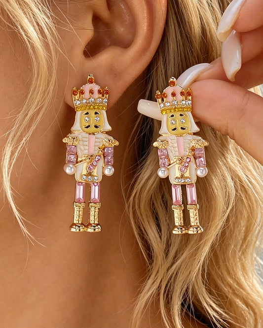 Wholesale 1 Pair Pink Alloy Unique Nutcracker Soldier Figure Earrings,Distinctive Women's Earrings With Pink Soldier Design And Rhinestones, Alloy Jewelry, Personalized Christmas Gift SP015