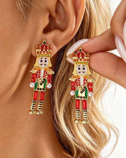 Wholesale 1 Pair Pink Alloy Unique Nutcracker Soldier Figure Earrings,Distinctive Women's Earrings With Pink Soldier Design And Rhinestones, Alloy Jewelry, Personalized Christmas Gift SP015