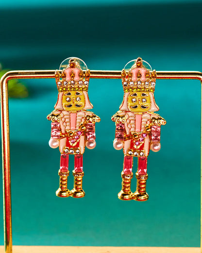 Wholesale 1 Pair Pink Alloy Unique Nutcracker Soldier Figure Earrings,Distinctive Women's Earrings With Pink Soldier Design And Rhinestones, Alloy Jewelry, Personalized Christmas Gift SP015