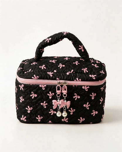 Wholesale Black Bow Quilted Bag Travel Makeup Pouch SP269