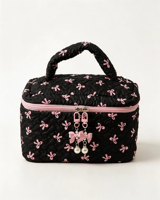 Wholesale Black Bow Quilted Bag Travel Makeup Pouch SP269