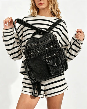 Wholesale Black Denim Multi-pocket Backpack SP136