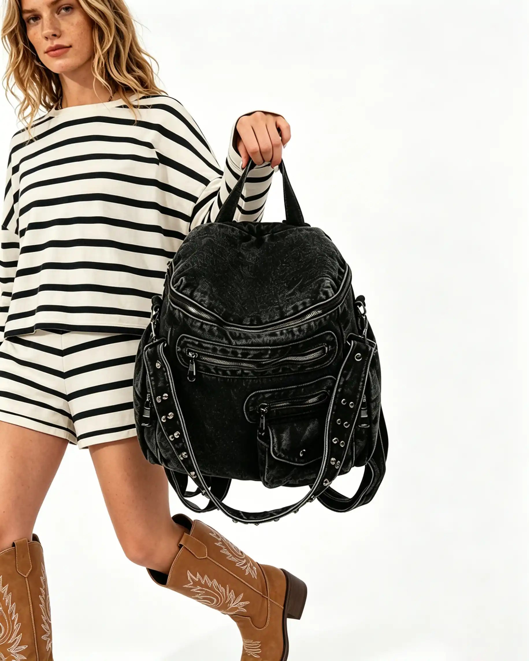 Wholesale Black Denim Multi-pocket Backpack SP136