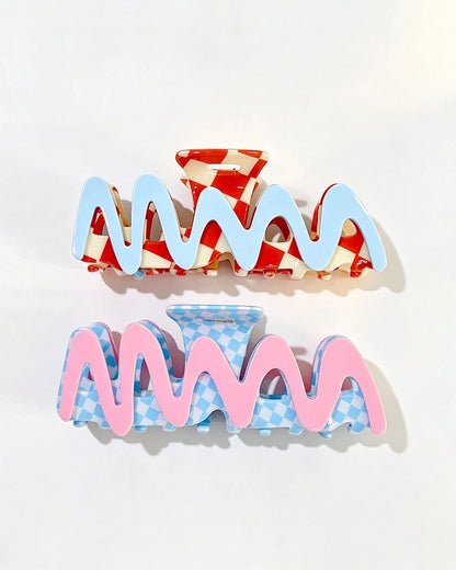 Blue Checkered Wavy Hair Claw Casual Accessory SP228