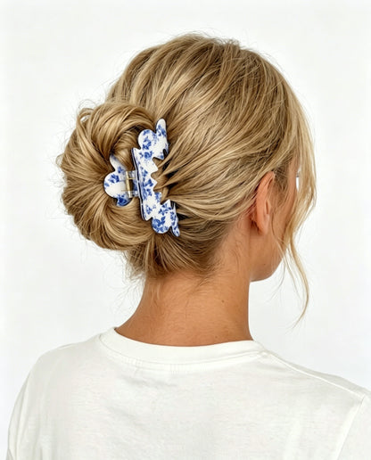Blue White Floral Hair Clip Elegant Vintage SP219