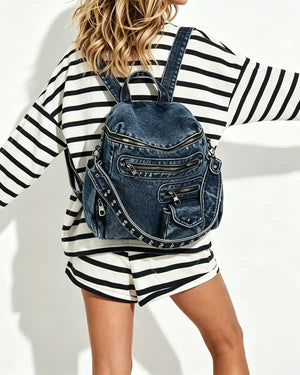 Wholesale Dark Blue Denim Rivet Backpack SP135