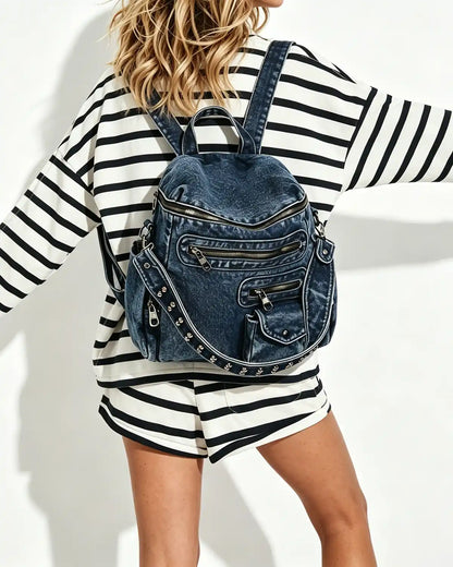 Wholesale Dark Blue Denim Rivet Backpack SP135