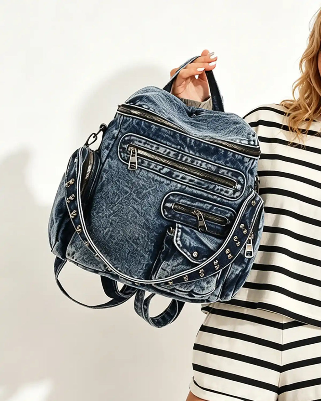 Wholesale Dark Blue Denim Rivet Backpack SP135
