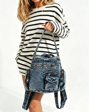 Wholesale Dark Blue Denim Rivet Backpack SP135