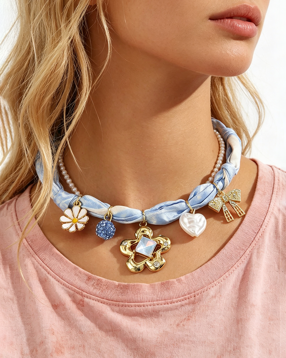 Flower dopamine color bow silk scarf necklace SP007