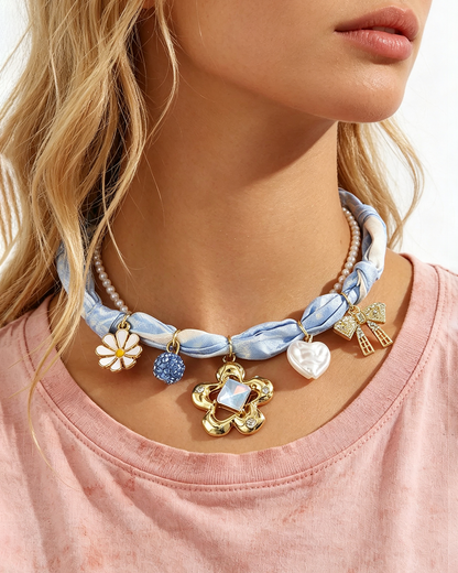 Flower dopamine color bow silk scarf necklace SP007