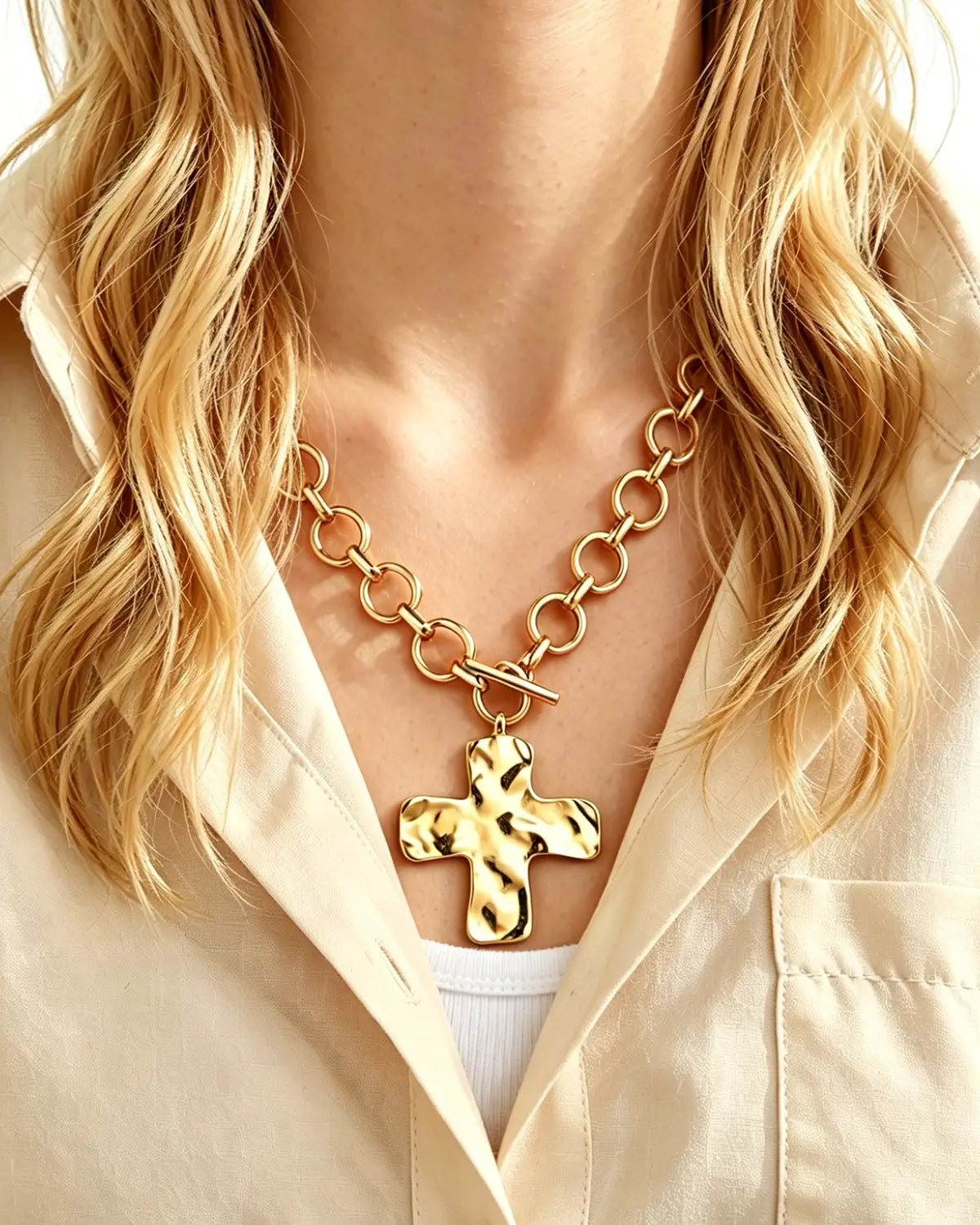 Gold Alloy Chunky Cross Necklace Statement Party Jewelry SP175
