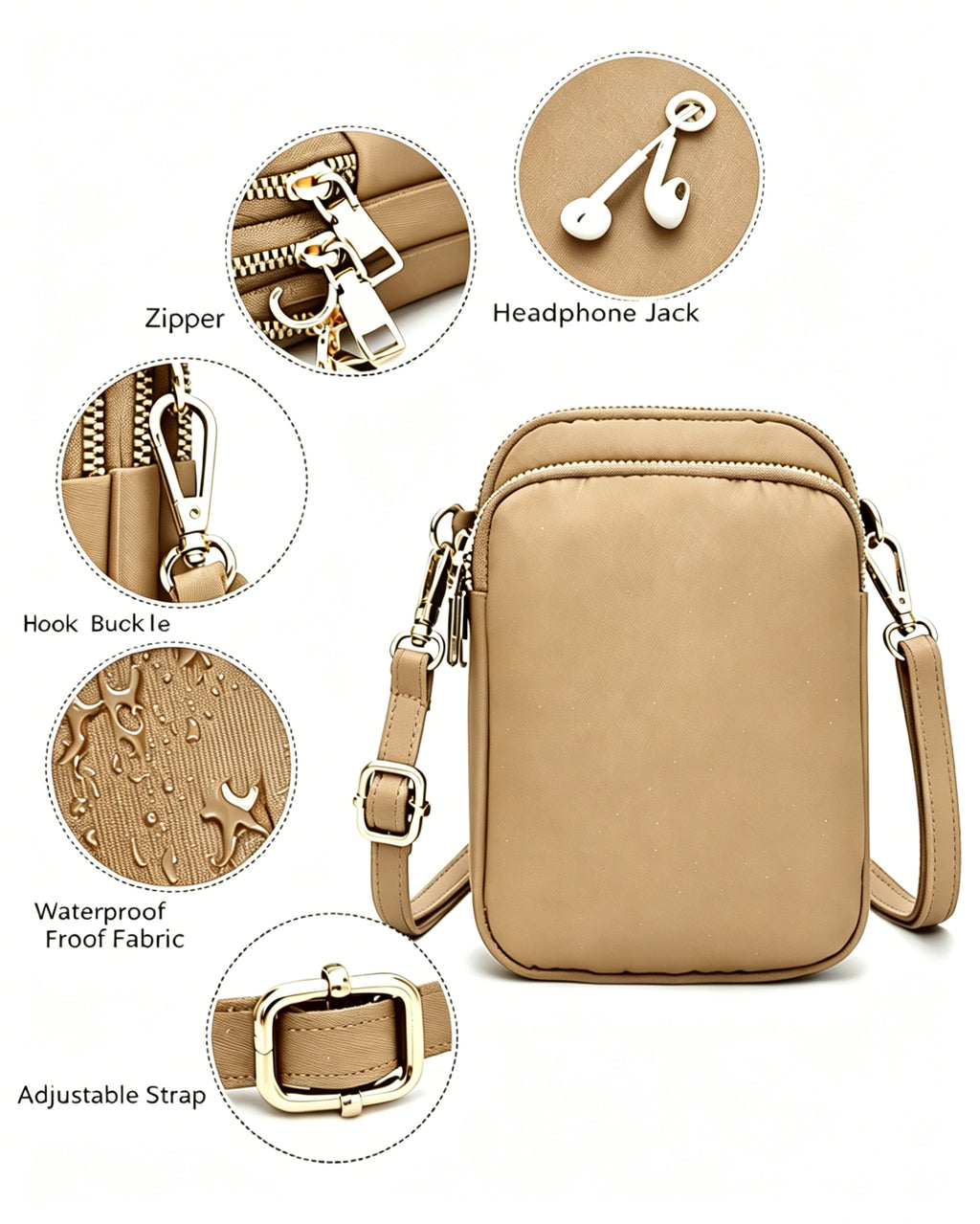 Wholesale Khaki Waterproof Phone Bag Casual Crossbody Purse SP148