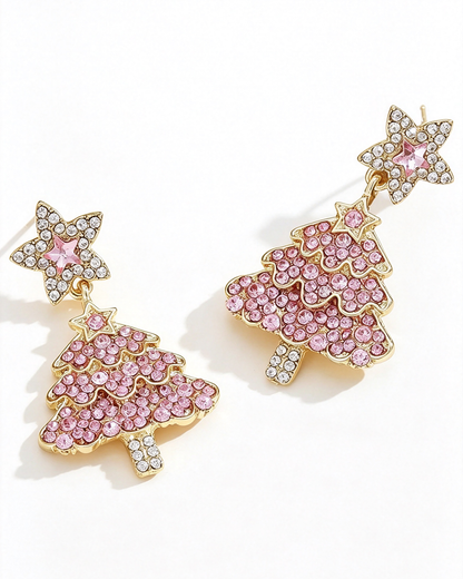 Wholesale Pink Christmas Tree Earrings: Rhinestone Holiday Dangle Jewelry SP013