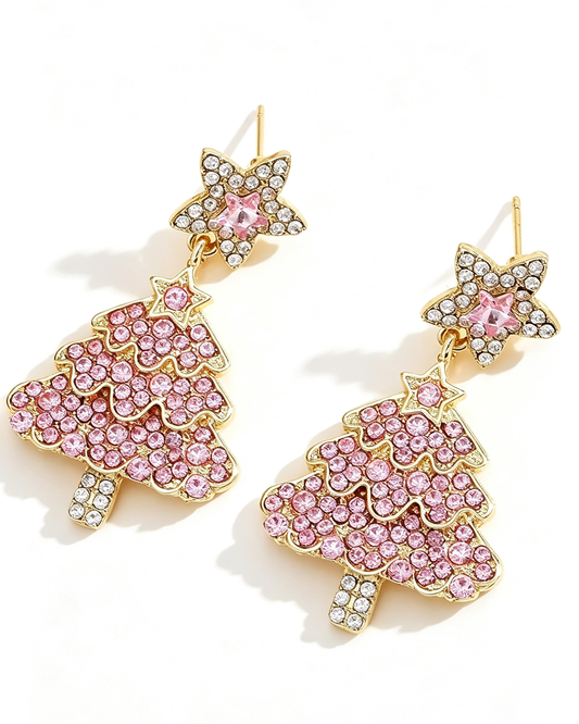 Wholesale Pink Christmas Tree Earrings: Rhinestone Holiday Dangle Jewelry SP013