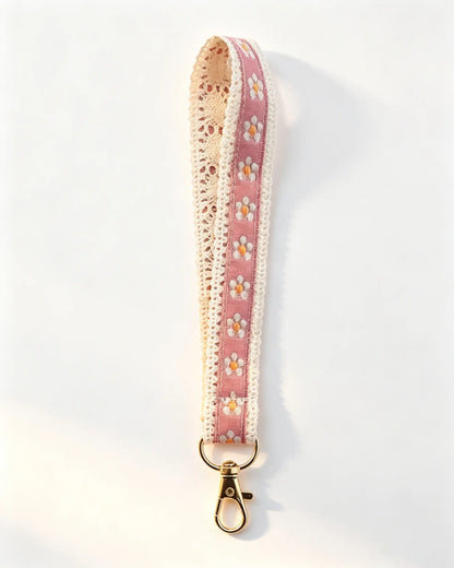 Pink Floral Lace Wristlet Daily Metal Keychain Lanyard SP178