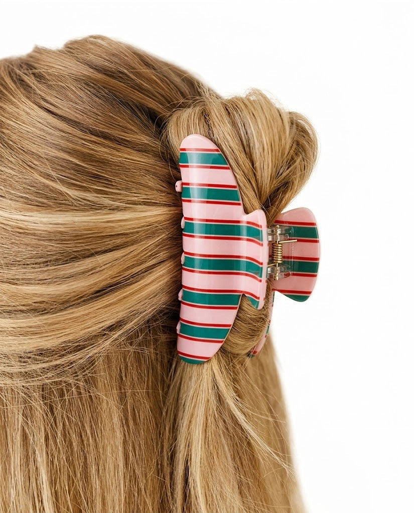 Pink Green Striped Hair Clip Holiday Styling SP217
