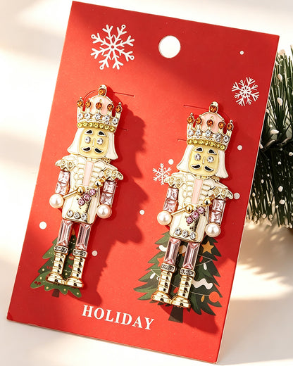 Wholesale 1 Pair Pink Alloy Unique Nutcracker Soldier Figure Earrings,Distinctive Women's Earrings With Pink Soldier Design And Rhinestones, Alloy Jewelry, Personalized Christmas Gift SP015