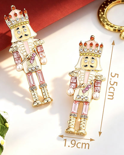 Wholesale 1 Pair Pink Alloy Unique Nutcracker Soldier Figure Earrings,Distinctive Women's Earrings With Pink Soldier Design And Rhinestones, Alloy Jewelry, Personalized Christmas Gift SP015