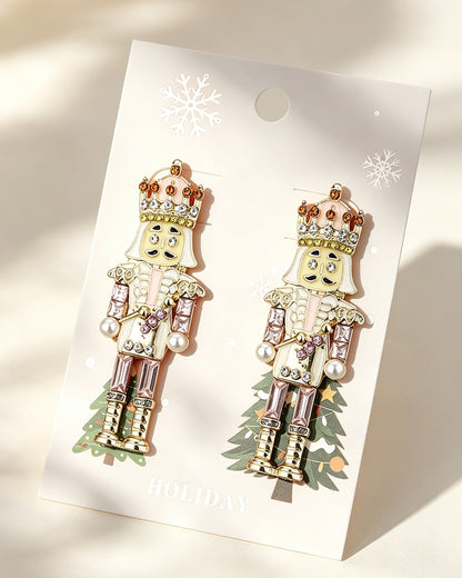 Wholesale 1 Pair Pink Alloy Unique Nutcracker Soldier Figure Earrings,Distinctive Women's Earrings With Pink Soldier Design And Rhinestones, Alloy Jewelry, Personalized Christmas Gift SP015