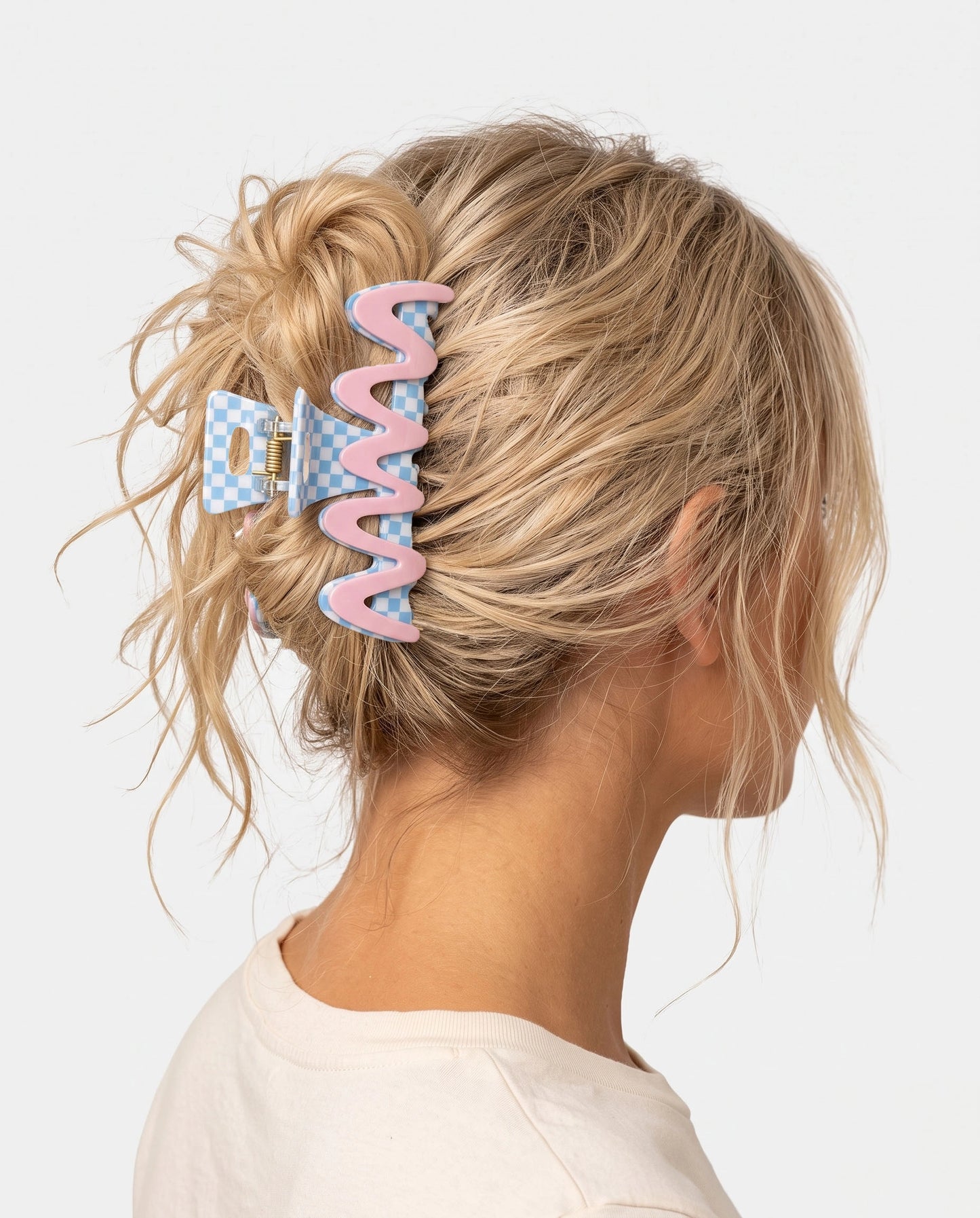Pink Checkered Wavy Hair Claw Daily Accessory SP227