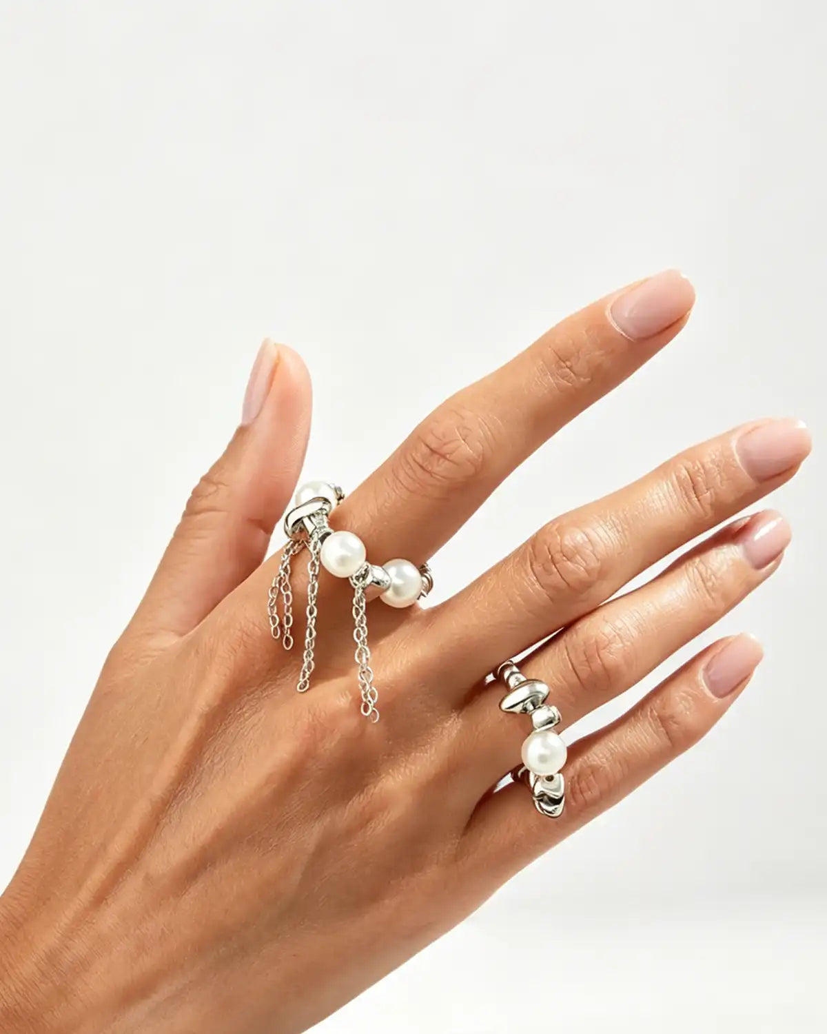 Wholesale Silver Pearl Tassel 2Pcs Rings SP112