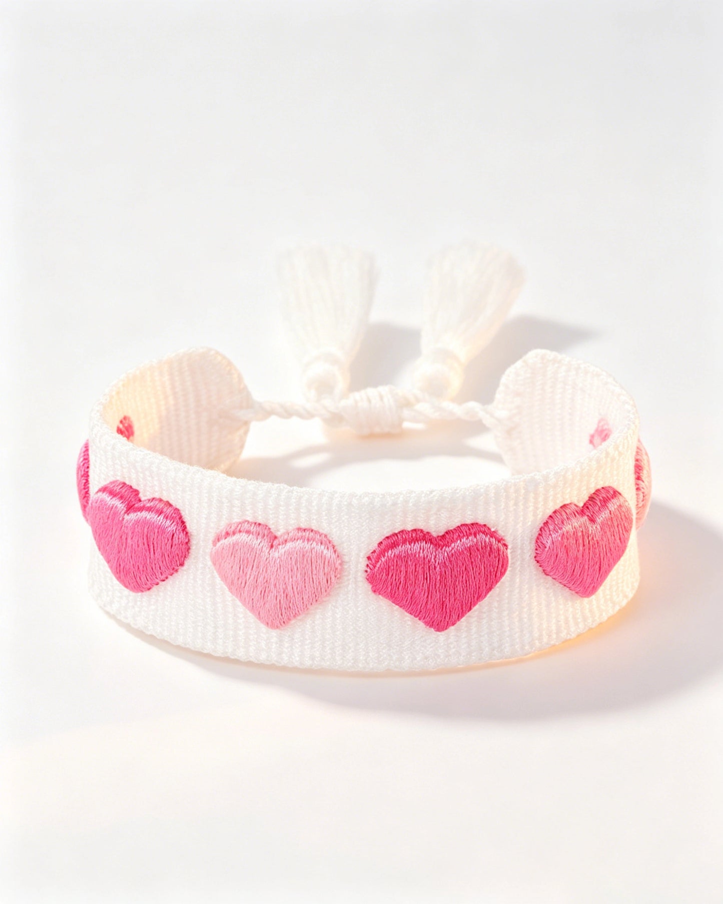 White Embroidered Pink Heart Tassel Bracelet Daily Gift SP200