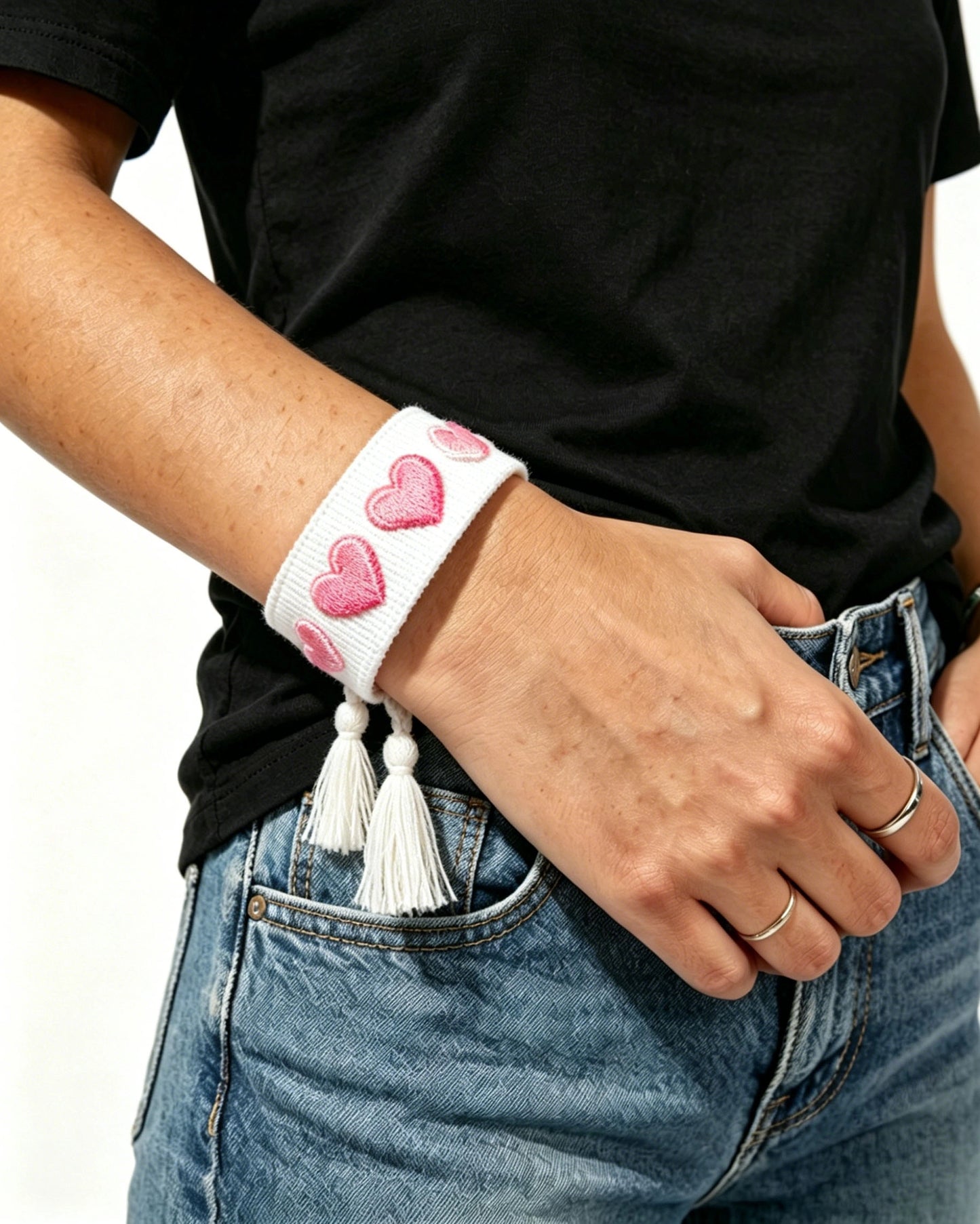White Embroidered Pink Heart Tassel Bracelet Daily Gift SP200