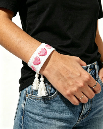 White Embroidered Pink Heart Tassel Bracelet Daily Gift SP200