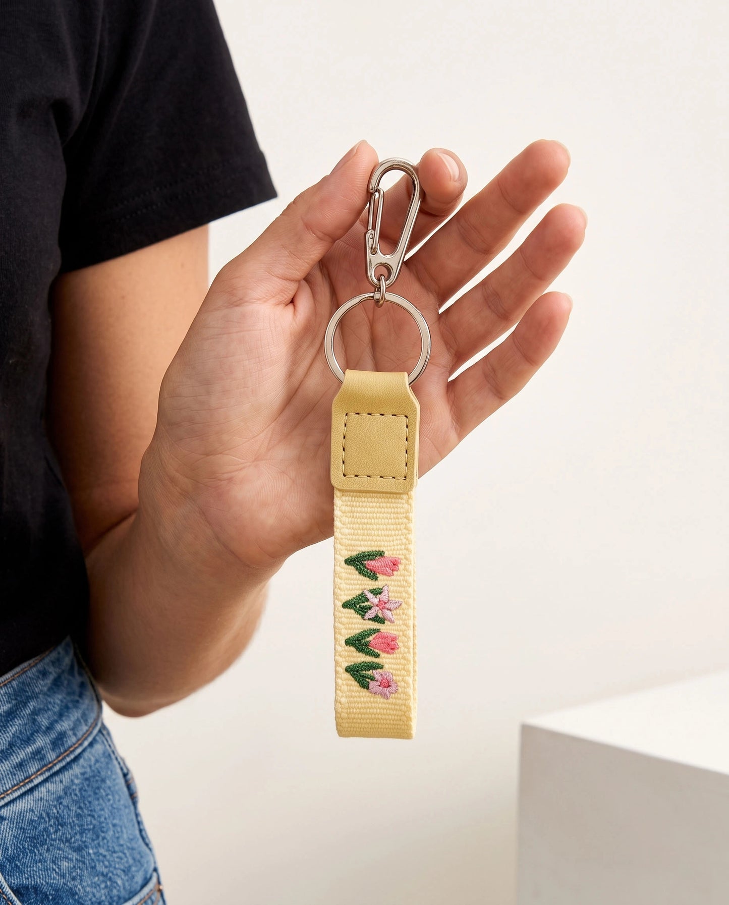 Yellow Tulip Wristlet Embroidery Keychain Spring Cute Gift SP204